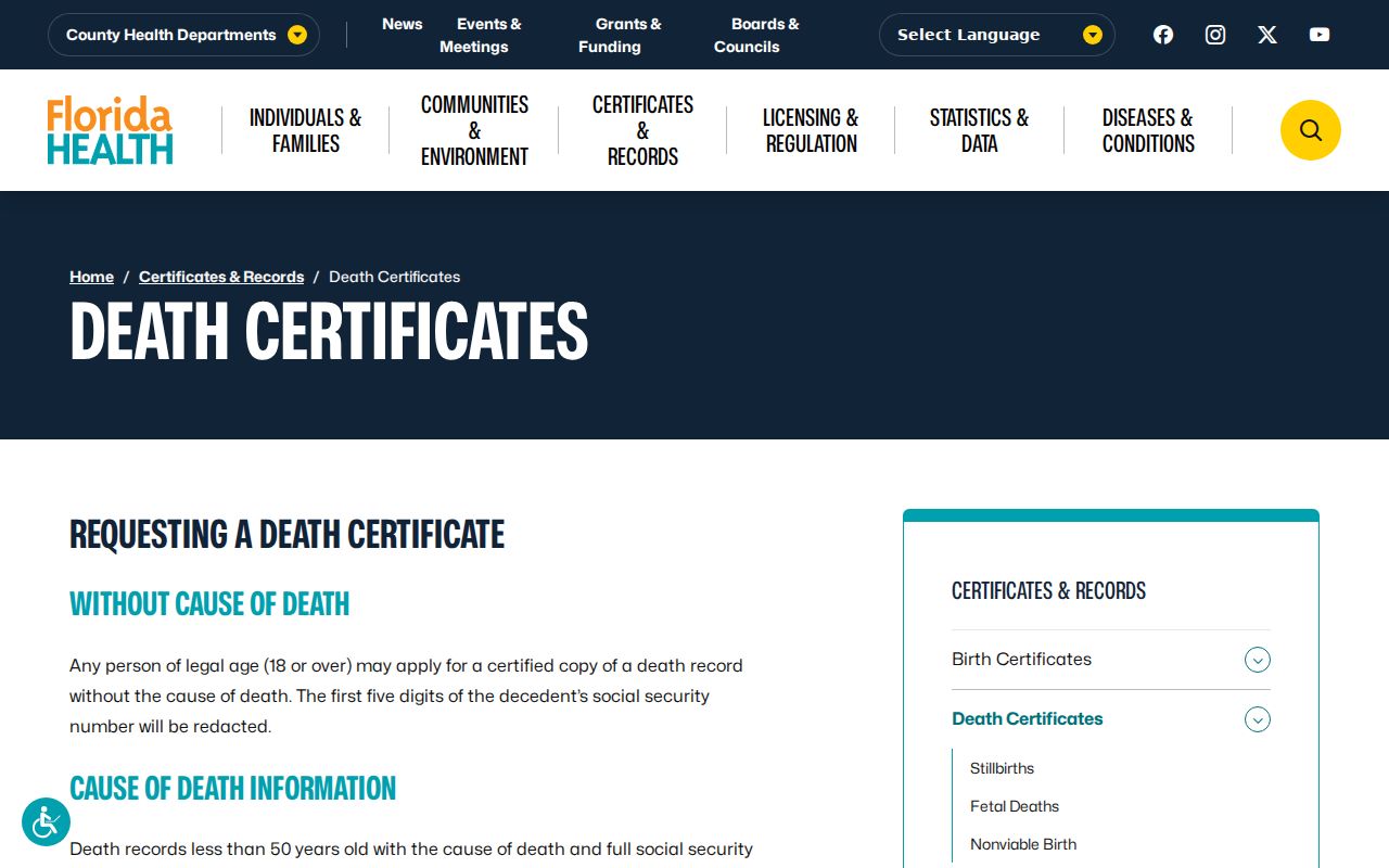 Fort Pierce previous residents Florida death certificate access