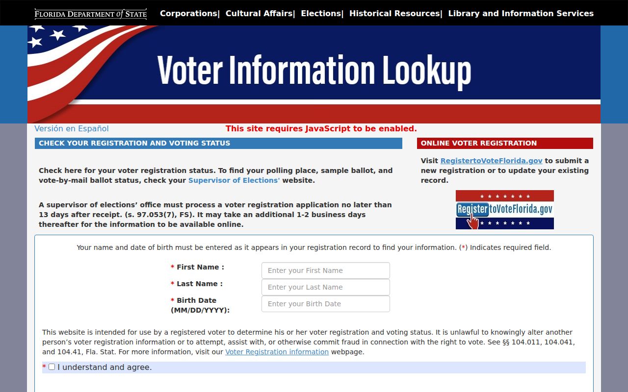 Florida voter status form used in a Fort Pierce resident lookup