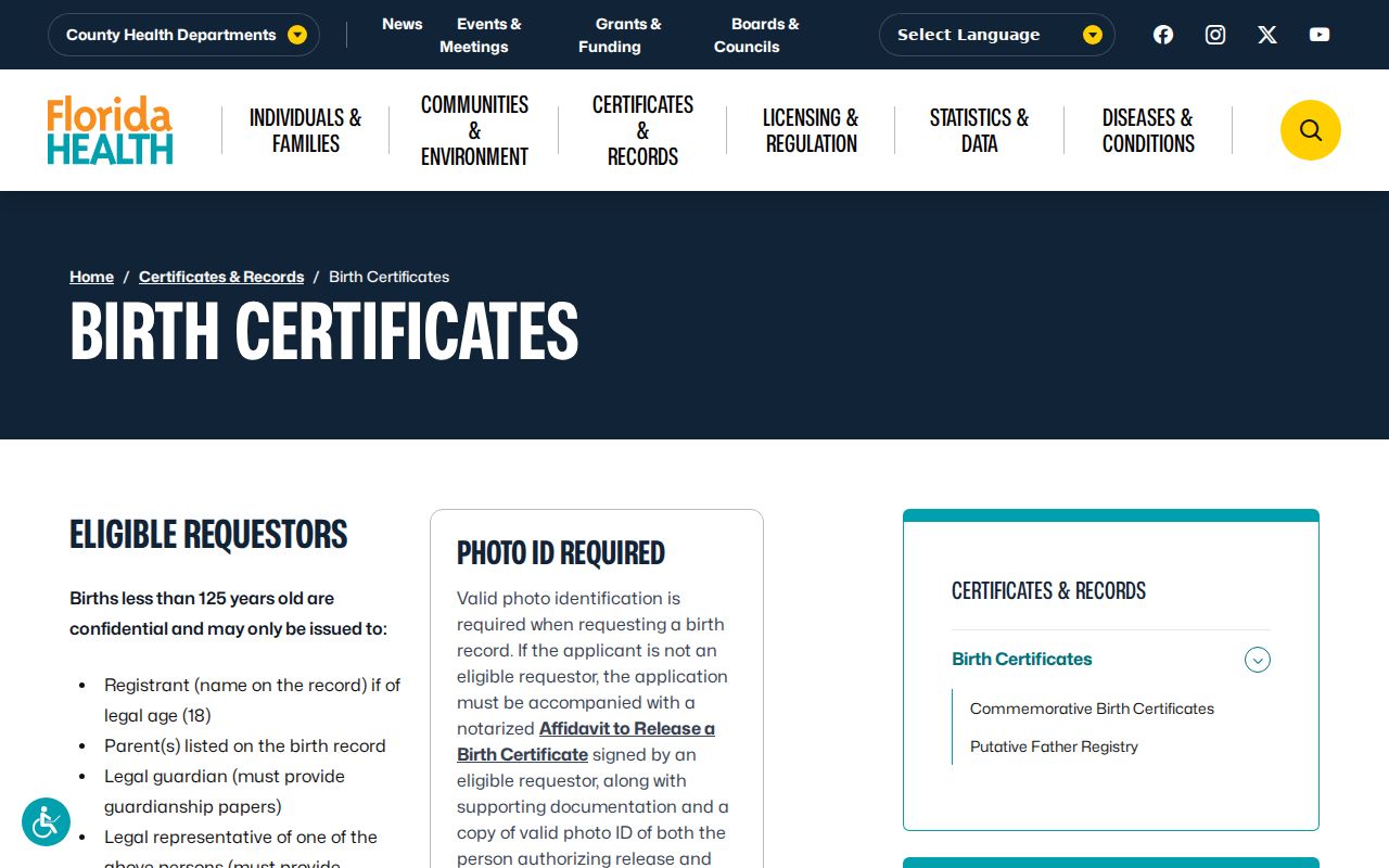 Florida birth certificate eligibility and ordering page used for a Fort Pierce resident lookup
