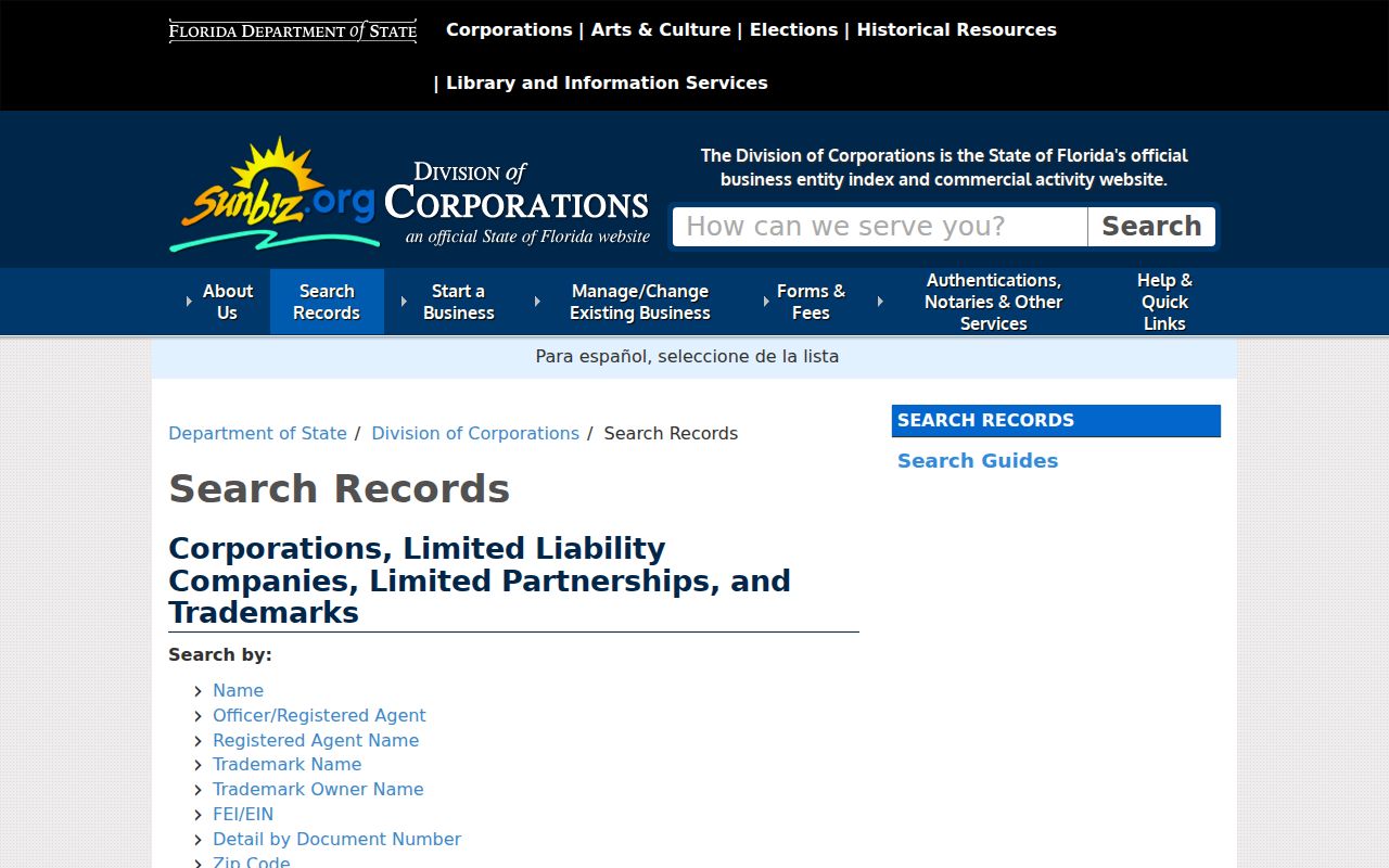Sunbiz search options for a Fort Pierce resident and business connection