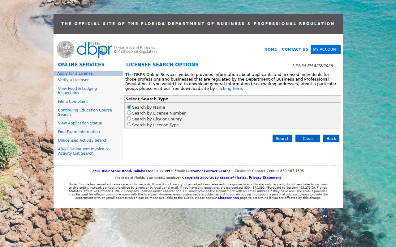 Florida DBPR license search fields for a Fort Pierce public role
