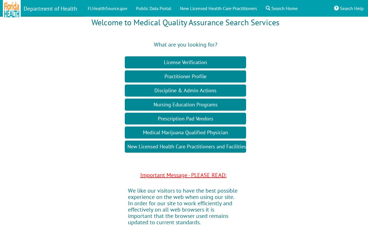 Florida health license verification portal for a Fort Pierce name search
